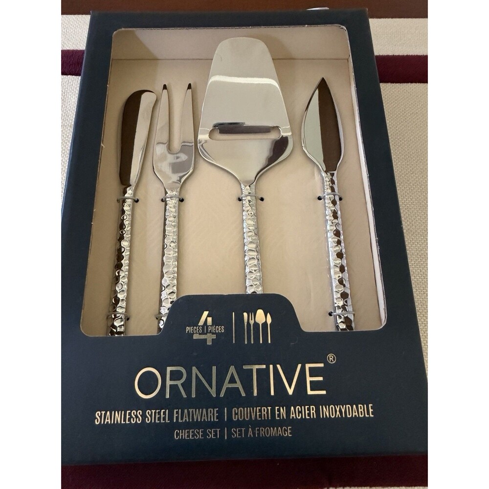 Ornative 4 Piece Stainless Steel Cheese Set Hammered Handle Slicer Spreader Fork